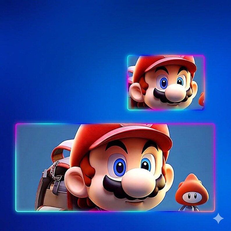 May include: A digital illustration featuring two rectangular frames against a solid blue background. The larger bottom frame shows a close-up of a character with a red cap, blue eyes, and a mustache, wearing a backpack, next to a small orange creature.