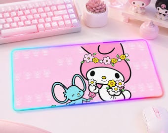 My Melody RGB Gaming Mouse Pad Multi-Designs - Kawaii Pink Bunny LED Desk Mat - Large XXL Backlit Mousepad Cute Girl Gift Gaming Desk Decor