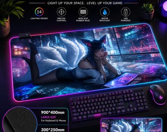Ahri RGB Gaming Maus Pad, Cyberpunk Neunschwänziger Fuchs LED Schreibtischmatte, Neon Kitsune Anime XXL Backlit Mousepad, Gamer Girl PC Einrichtung Geschenk Dekor