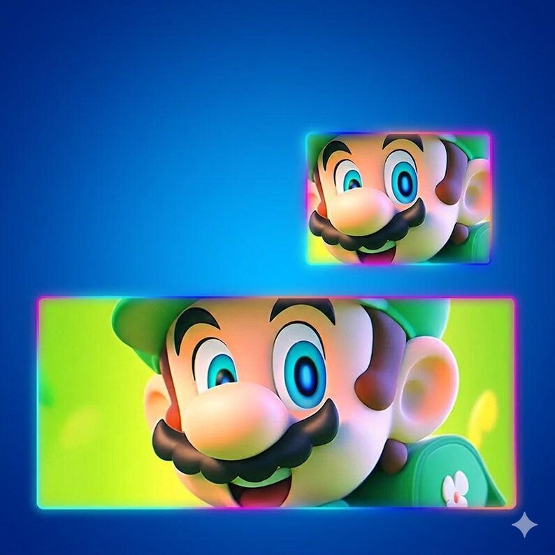 May include: A digital graphic featuring two rectangular frames against a solid blue background. Each frame displays a close-up illustration of a character with a green cap, large blue eyes, and a black mustache, set against a bright green backdrop.