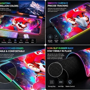 May include: A rectangular gaming mouse pad featuring a vibrant graphic of Mario with colorful light effects. The pad has an RGB LED light strip along the stitched edges, a micro-textured cloth surface for tracking, and a black non-slip rubber base.