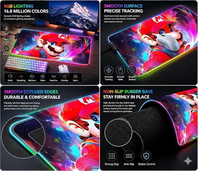 May include: A rectangular gaming mouse pad featuring a vibrant graphic of Mario with colorful light effects. The pad has an RGB LED light strip along the stitched edges, a micro-textured cloth surface for tracking, and a black non-slip rubber base.