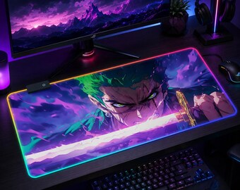 Zoro RGB Gaming Mouse Pad Multi-Designs - Anime Swordsman LED Desk Mat - Purple Neon XXL Backlit Mousepad - 3mm 4mm Thick Gamer Gift