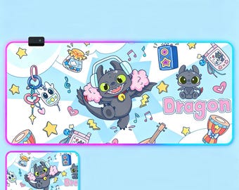Zahnloses RGB Gaming Mauspad - Kawaii Night Fury Dragon LED Schreibtischmatte - Süßes Musik Thema Großes XXL Backlit Mousepad - 3mm 4mm dickes Geschenk