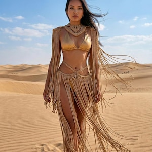 Gouden macramé franje outfit, boho festival strand cover-up set