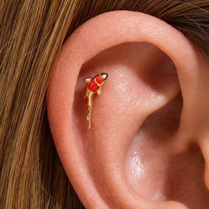 Red Koi Fish Stud Earring, Tiny Enamel Carp Flat Back Labret, Cartilage Piercing