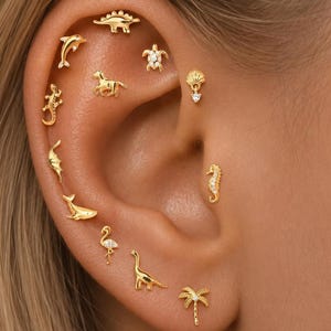 Ohrstecker aus 925er Sterlingsilber mit Goldauflage | Helix-Tragus-Ohrring | Ohrringe mit Meeres- und Tiermotiven