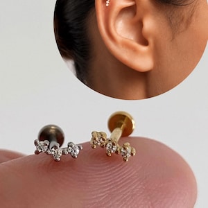 Könnte beinhalten: Zwei Ohrstecker, einer silberfarben und einer goldfarben, jeweils mit einer Ansammlung kleiner, klarer Edelsteine. Im Hintergrund ist ein Ohr mit drei Piercings zu sehen.