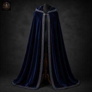 Capa con capucha de terciopelo azul real / Capa de fantasía medieval, ribete plateado, disfraz de cuerpo entero