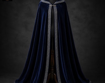 Capa con capucha de terciopelo azul real / Capa de fantasía medieval, ribete plateado, disfraz de cuerpo entero
