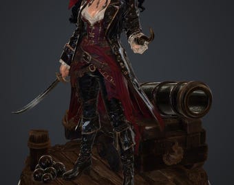 Isla Redhook STL File – Female Pirate with Hook, Cannon Deck Diorama, Resin Printable 3D Collectible Model
