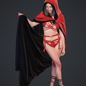 May include: A figure wearing a red hooded cape with a black lining, paired with a red strappy lace lingerie set featuring a harness-style bra and matching garter belt with lace panties, completed by black strappy high-heeled sandals.