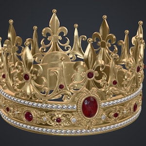 Peut inclure: Une couronne dorée présentant un design en métal complexe avec des accents de fleur de lys. La base est ornée d'une rangée de petites perles blanches et de plus grosses pierres précieuses rouges ovales serties dans des motifs en filigrane doré.