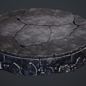 May include: A weathered, circular stone platform with a cracked surface. The platform has a dark gray color with a rough texture, and is surrounded by a border of stone blocks and small rocks. The platform is likely for display.