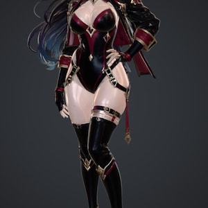 Peut inclure: Figurine détaillée d'une femme vêtue d'une tenue noire et rouge. Elle porte un body, une veste et des bottines à talons hauts. La figurine a de longs cheveux noirs avec des reflets bleus et est posée sur une base ronde.
