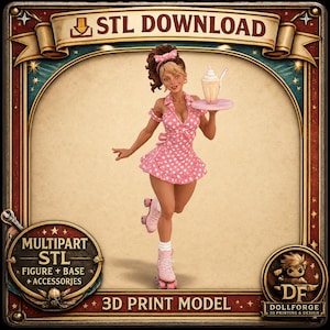 Op de afbeelding: Een 3D-printbaar STL-model van een figuur in een roze jurk met stippen, een bijpassende haarstrik en rolschaatsen. Het figuur houdt een dienblad met een milkshake vast. Tekst bevat STL DOWNLOAD, MULTIPART STL, 3D PRINT MODEL en DOLLFORGE.