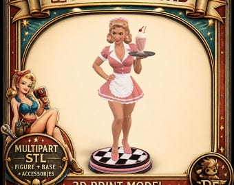 Cherry Diner Waitress – Retro 1950s Pin-Up STL Figure for 3D Printing