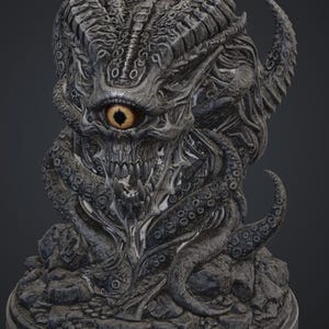 Peut inclure: Sculpture grise détaillée d'une créature monstrueuse avec un seul grand œil et de multiples cornes. La sculpture présente des textures complexes et une base à l'aspect pierreux. L'œil est d'une couleur orange saisissante.