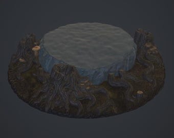 Haunted Hollow STL File – Cursed Tree Stump Display Base – Dark Forest Pedestal with Roots and Mushrooms