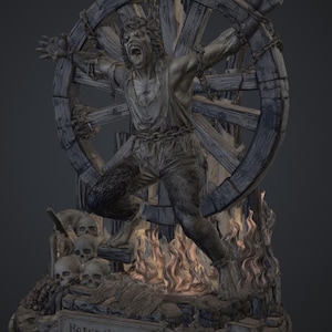 May include: A detailed statue depicting a man bound to a wooden wheel, with chains and a screaming expression. The sculpture includes a base with skulls, flames, and the name "Peter Stumpp".