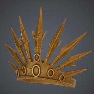 May include: A golden crown with sharp, spiky points radiating outwards. The crown features oval-shaped embellishments and a weathered, cracked texture, suggesting an antique or fantasy theme. The design is symmetrical and detailed.
