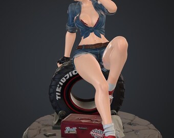 Ruby Pitstop STL File – Anime Mechanic Girl Figurine, 3D Printable Garage Pin-Up Statue, Collectible Doll Model
