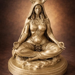 Peut inclure: Statue dorée d'une figure assise, vêtue d'une cape à capuche et de cornes. La figure est en position méditative, les mains posées sur les genoux. Un collier et d'autres ornements sont visibles. La statue est sur une base ronde.