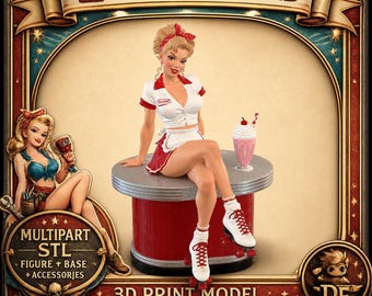 Counter Top Pinup Multipart – Retro Diner Roller Girl STL File for 3D Printing