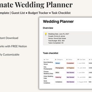 Ultimate Wedding Planner Notion Template | Guest List | Budget Tracker | Task Checklist | Wedding Planning
