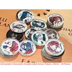 May include: A collection of 30 circular double-sided action tokens, each 30mm in diameter, featuring character illustrations and text labels including Dash, Dodge, Act, and Endure. The tokens are made of clear crystal material.