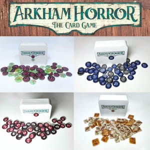 May include: Four white metal tins labeled Arkham Horror The Card Game, each accompanied by a collection of game tokens. One set features green circular tokens, another blue circular tokens, a third red circular tokens, and the fourth amber square tokens.