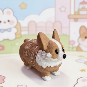 May include: A small, brown and white Corgi dog figurine with a textured coat. The side of the dog features a rotating dial mechanism with white numbers printed on the surface, allowing for manual adjustment of the digits displayed on the body.