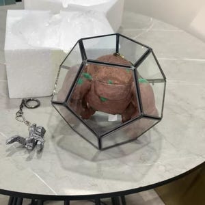 May include: A brown plush toy with green accents is encased in a geometric glass terrarium with black metal framing. A silver-colored keychain with a detailed design is next to the terrarium. The items are on a round, light-colored table.