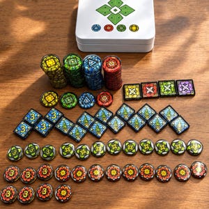 May include: A board game set featuring a white rectangular tin with a green geometric logo and four colored icons. Includes stacks and rows of circular and square tokens in yellow, green, blue, and red, featuring stained glass patterns and the number 3.