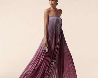 Strapless Ombre Pleated Maxi Dress, Dusty Rose Formal Gown, Bridesmaid Wedding Guest Outfit