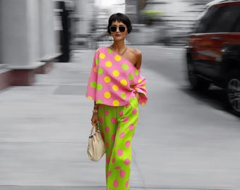 Neon Polka Dot Two Piece Set, Asymmetric Top, Wide Leg Pants, Boho Chic Outfit