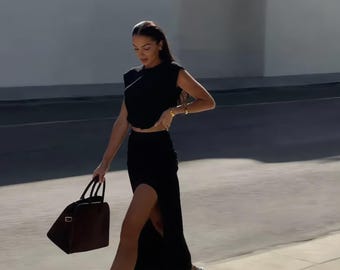 Padded Shoulder Crop Top, High Slit Maxi Skirt Set, Minimalist Summer Outfit