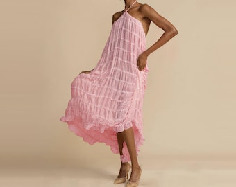 Pleated Halter Maxi Dress, Backless Ruffle Chiffon Sundress, Boho Resort Wear