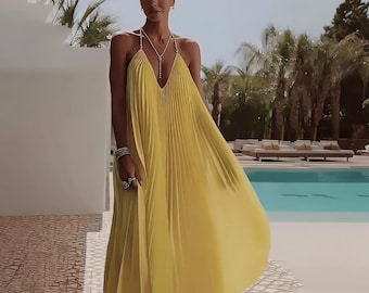 Yellow Pleated Maxi Dress, Halter Neck Boho Resort Wear, Flowy Summer Kaftan