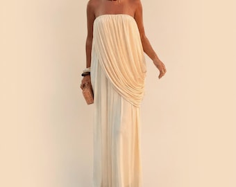 Strapless Boho Maxi Dress, Ivory Draped Resort, Flowy Beach Wedding, Coastal Chic Summer Outfit