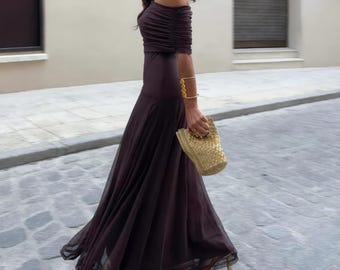 Off-the-Shoulder Ruched Chiffon Maxi Dress, Bardot Summer Sundress, Quiet Luxury Italian Vacation