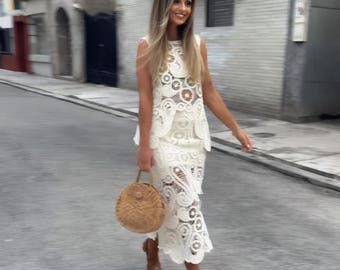 White Guipure Lace Midi Skirt and Top Co-ord Set, Boho Summer Outfit