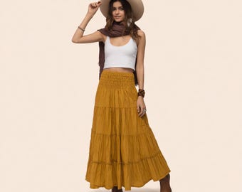 Tiered Boho Maxi Skirt, Smocked Waist Long Skirt, Mustard Yellow Sundress, Cotton Gauze Gypsy Skirt, Festival Vacation Outfits