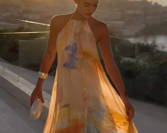 Watercolor Chiffon Halter Maxi Dress, Abstract Tie Dye Flowy Beach Gown
