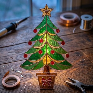 Peut inclure: Une lampe sapin de Noël en vitrail composée de panneaux de verre vert texturé, de petites décorations circulaires rouges et d'une étoile jaune au sommet. L'arbre repose dans un pot en verre marron orné d'un nœud rouge, éclairé de l'intérieur.