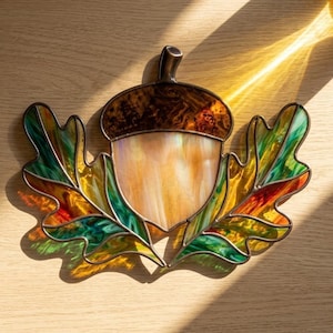 May include: A stained glass suncatcher shaped like an acorn with two oak leaves. The acorn cap is dark brown, the nut is cream-colored, and the leaves feature a blend of green, yellow, and orange glass, all held together by dark metal solder lines.