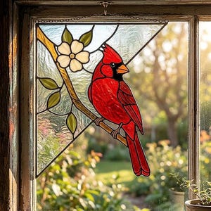 May include: A triangular stained glass suncatcher featuring a vibrant red cardinal bird perched on a brown branch with green leaves and a white flower. The piece is framed in dark metal and hangs by a chain within a wooden window frame.