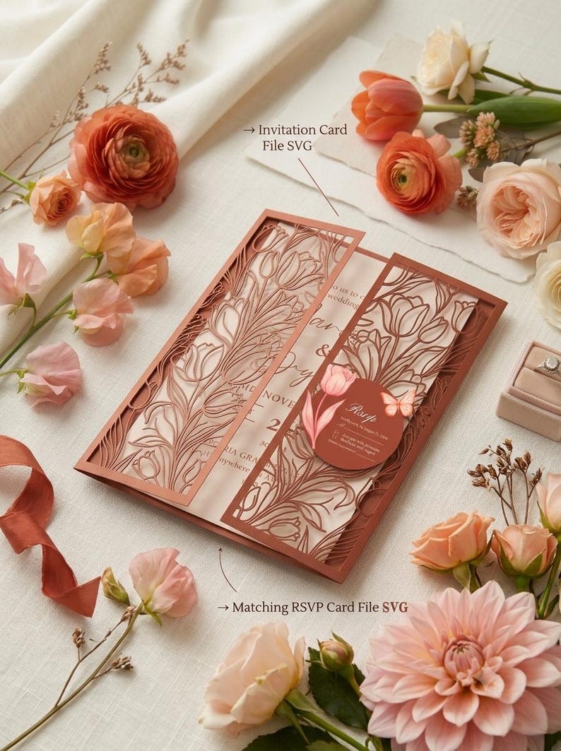 K&ouml;nnte beinhalten: Eine terrakottafarbene, lasergeschnittene Hochzeitseinladungskarte mit einem Tulpendesign, begleitet von einer passenden runden RSVP-Karte. Der Text weist auf Invitation Card File SVG und Matching RSVP Card File SVG hin.