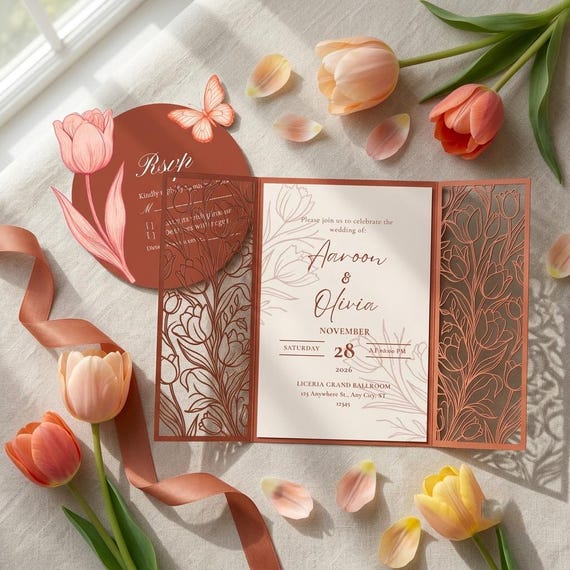 Terracotta Tulip Wedding Invitation Jacket SVG | Pocket Fold Invitation Template | Cricut Print Then Cut RSVP Card Instant Download