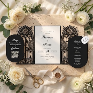 May include: A wedding invitation set featuring a central white card with black text for Aaroon and Olivia, flanked by black laser-cut gothic arch panels. Includes two black oval cards for RSVP with a QR code and event details, accented by white roses.